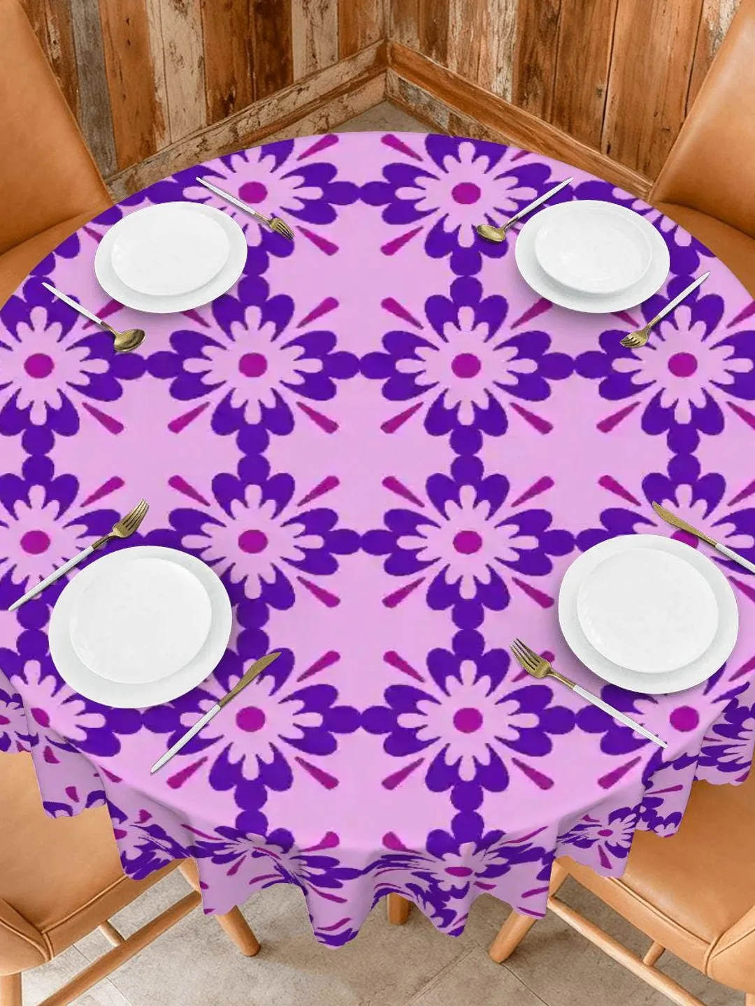 Round Floral Tablecloth, Pink Purple Geometric Flower Pattern, Wavy ...