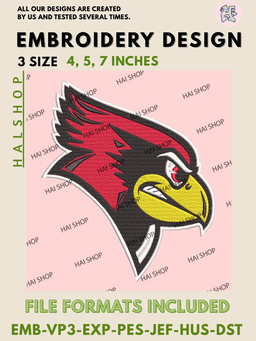 NCAA Illinois State Redbirds Football Team Head Logo Embroidery, Illinois State Redbirds Logo Embroidery Files, Digital Download
