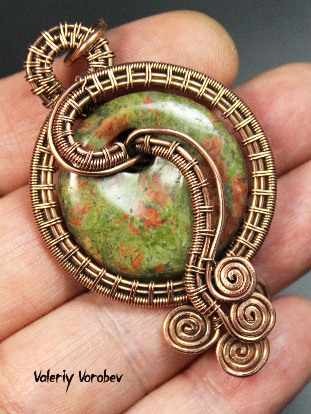 Handmade Unakite Copper Wire Wrap Pendant