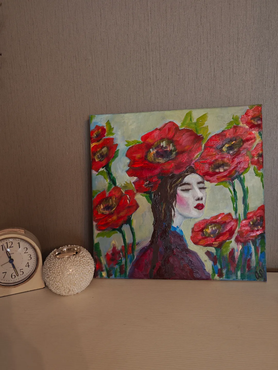 Red Flowers Original Painting Woman Portrait And Red Flowers Original ...