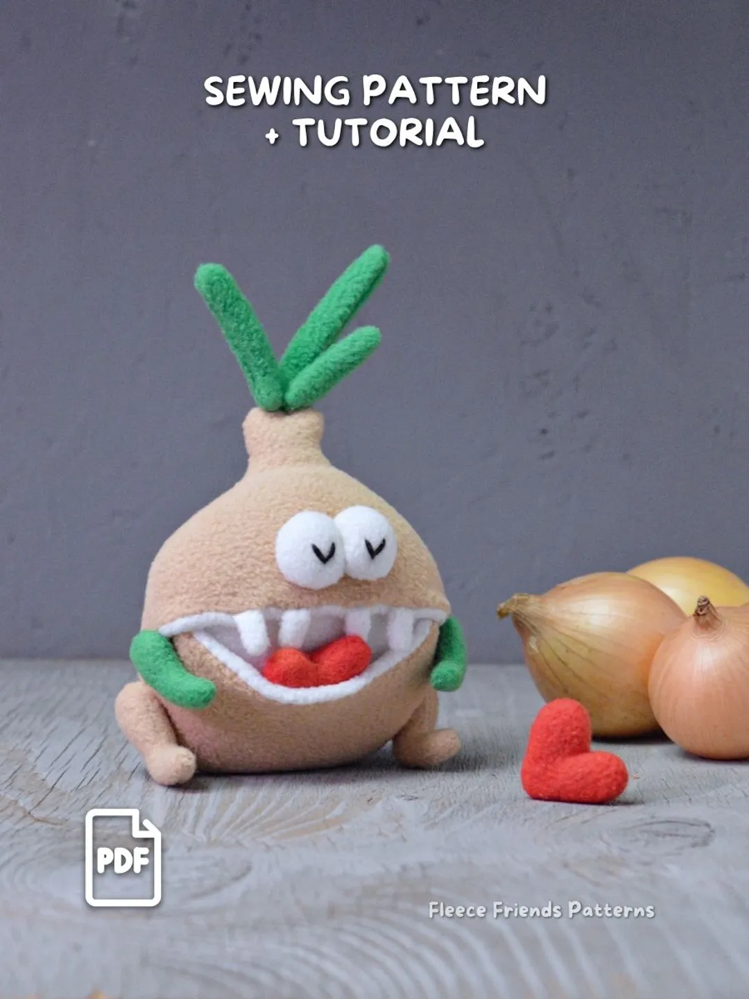 Onion Monster Plush Sewing Pattern PDF with Secret Mouth Pocket. Veggie Toy DIY