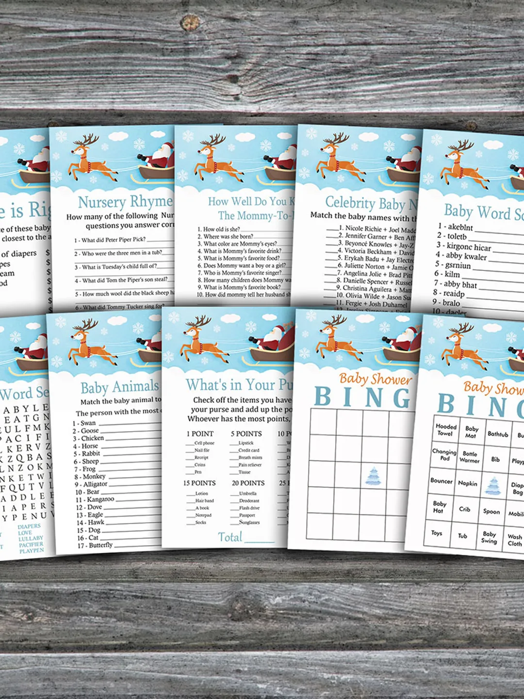 Santa carriage baby shower games bundle,Christmas Baby Shower games package,Fun Baby Shower Games,9 Printable Games-255
