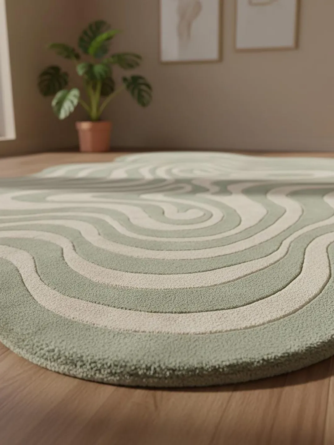 Irregular Squiggly Abstract Sage Green Rug, Modern Wavy Hand Tufted ...