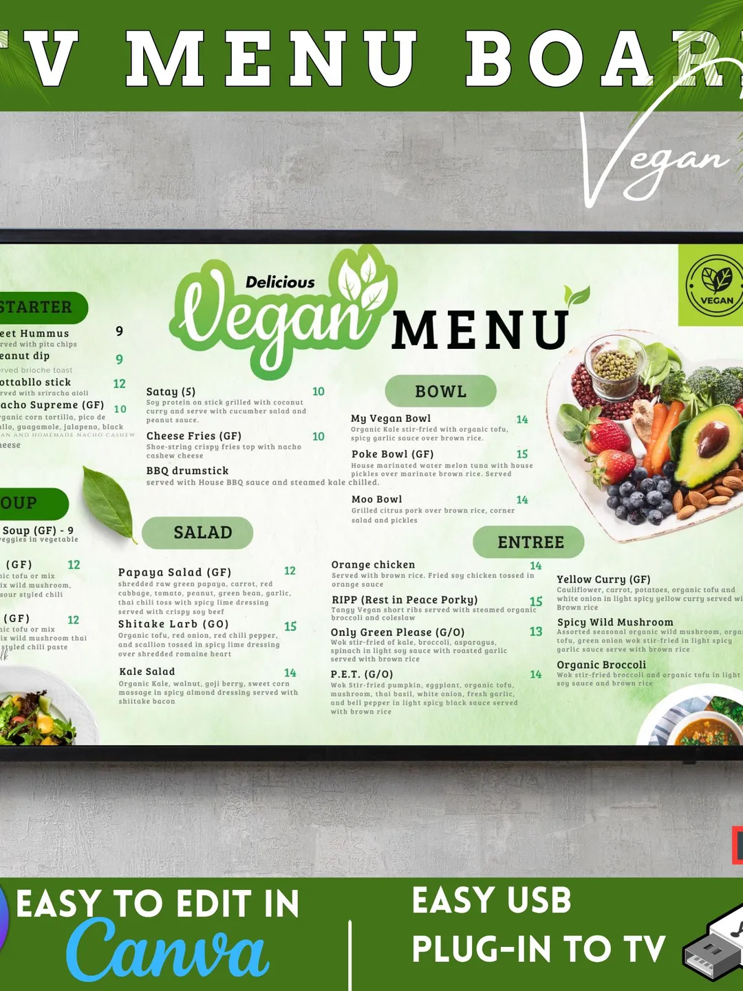 Animated Vegan TV Menu Board Template | Editable Canva Digital ...