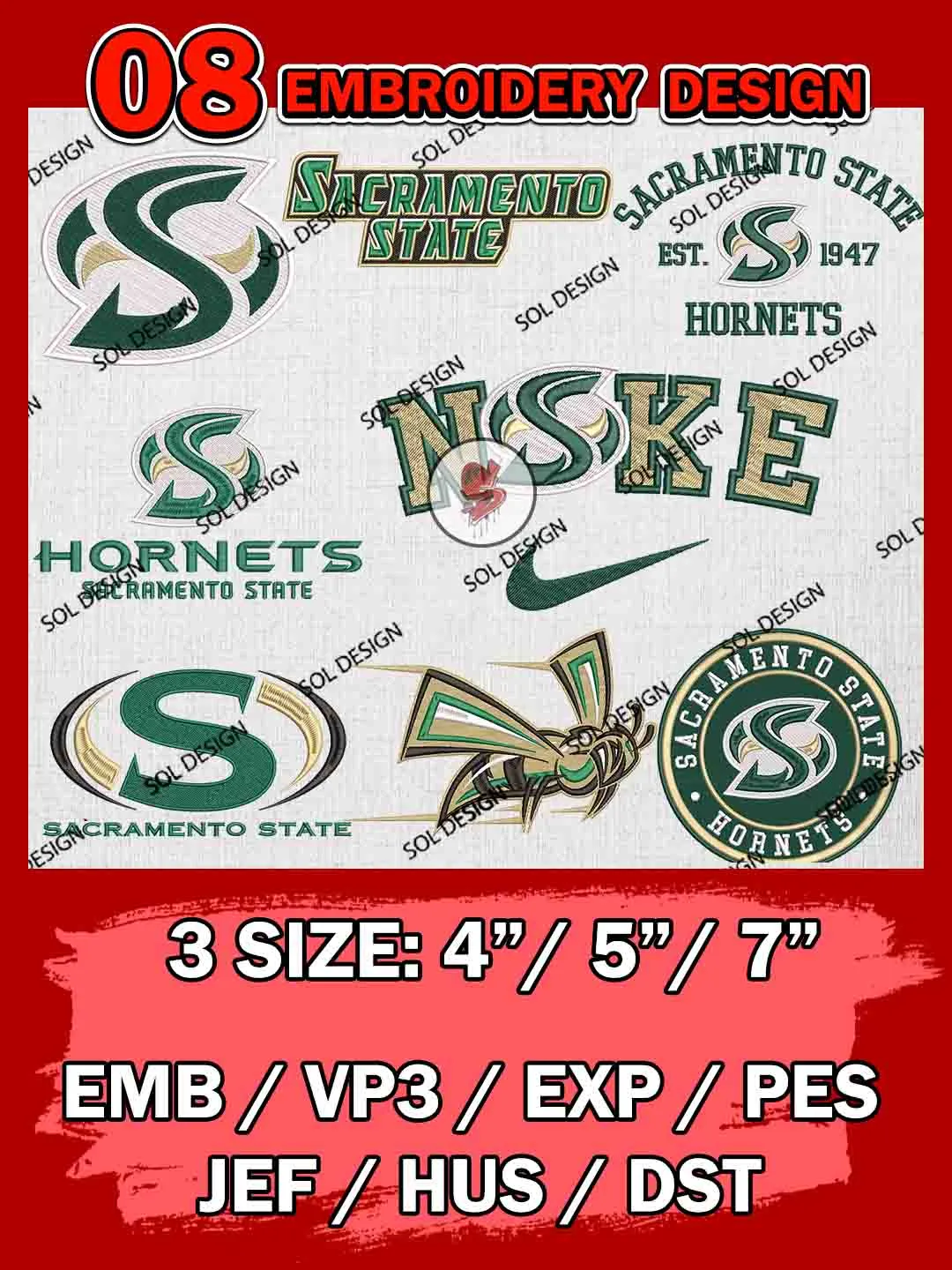 8 NCAA Sacramento State Hornets Bundle Embroidery Files, NCAA Sacramento State Hornets Team Bundle Embroidery Designs, NCAA Teams, National College Football Team 3 sizes, NCAA Sacramento State Machine Embroidery, Digital Download