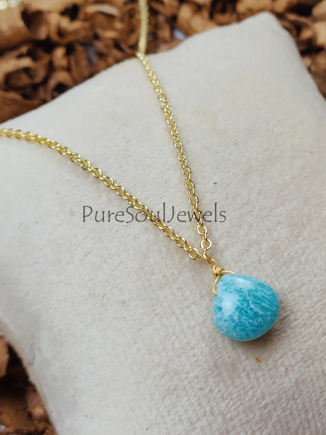 Amazonite Heart Pendant Necklace: Gold Plated Wire Wrapped Gemstone