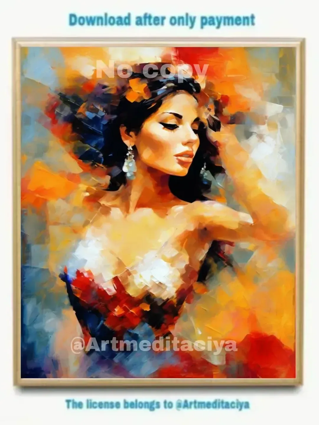 Digital abstract painting "Carmen's Dance", made in the style of oil painting with a palette knife on an abstract yellow-red-white-blue background. This is a blurry dynamic multicolored image of a Spanish brunette with orange flowers in her hair