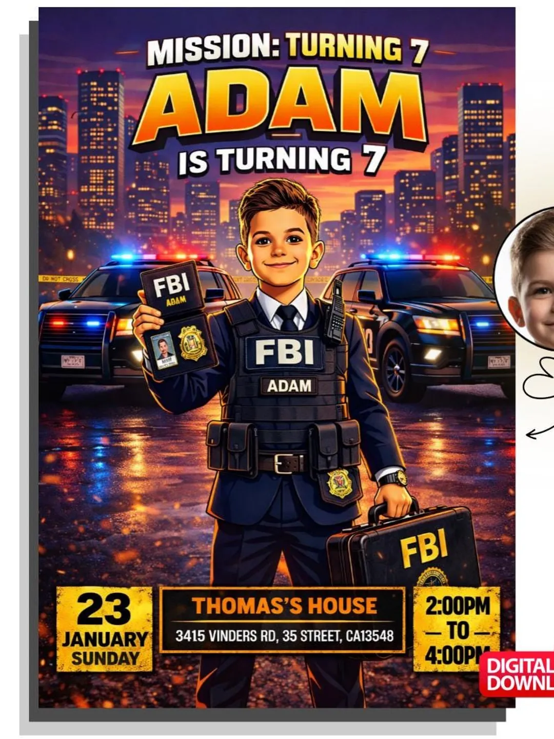 Spy Birthday Invitation Editable Template, Photo Party Invite for Kids, Digital Download