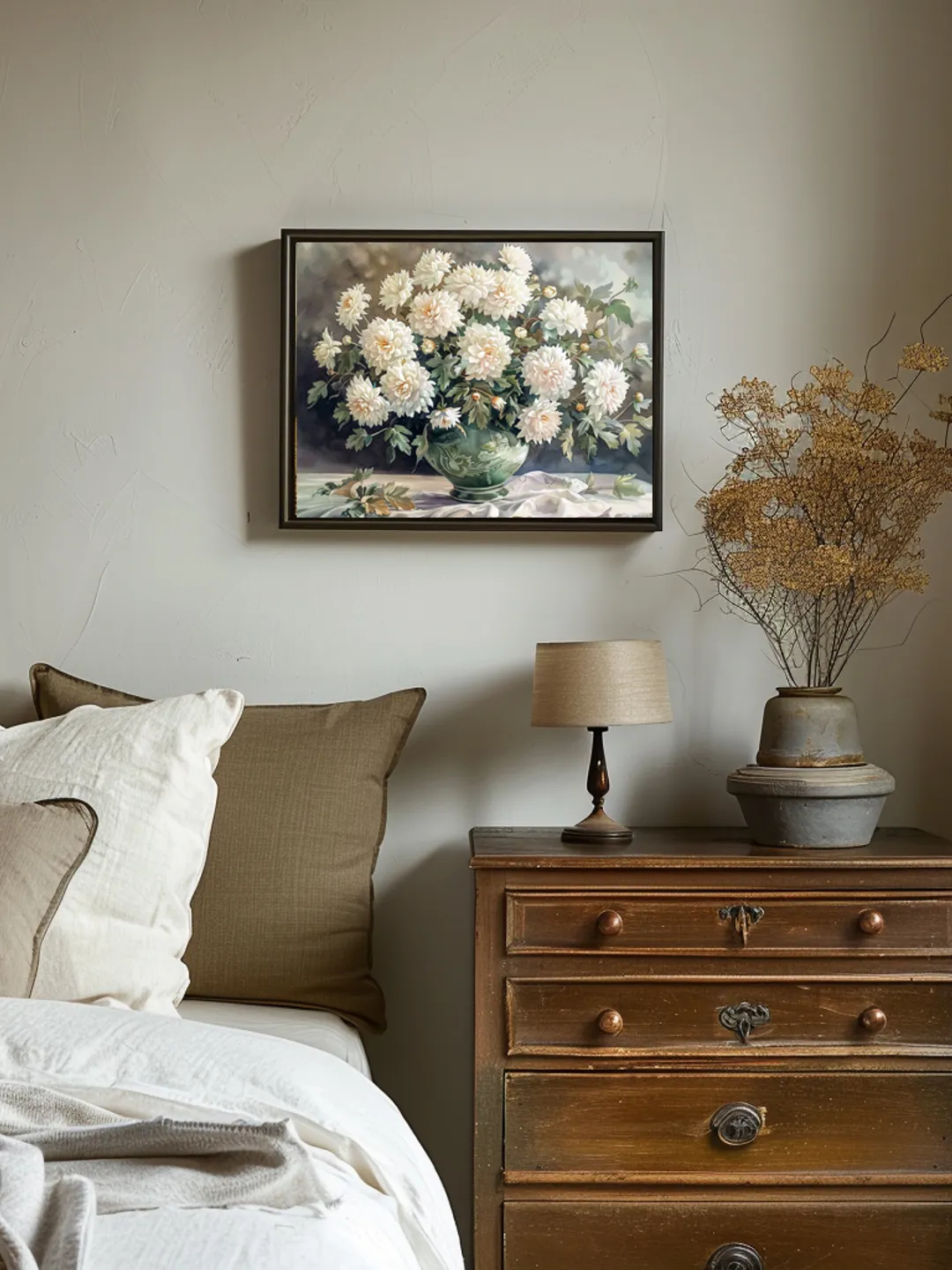 Bouquet of white chrysanthemum in a vase watercolor drawing, digital illustration, digital painting , wall art decoration. AI