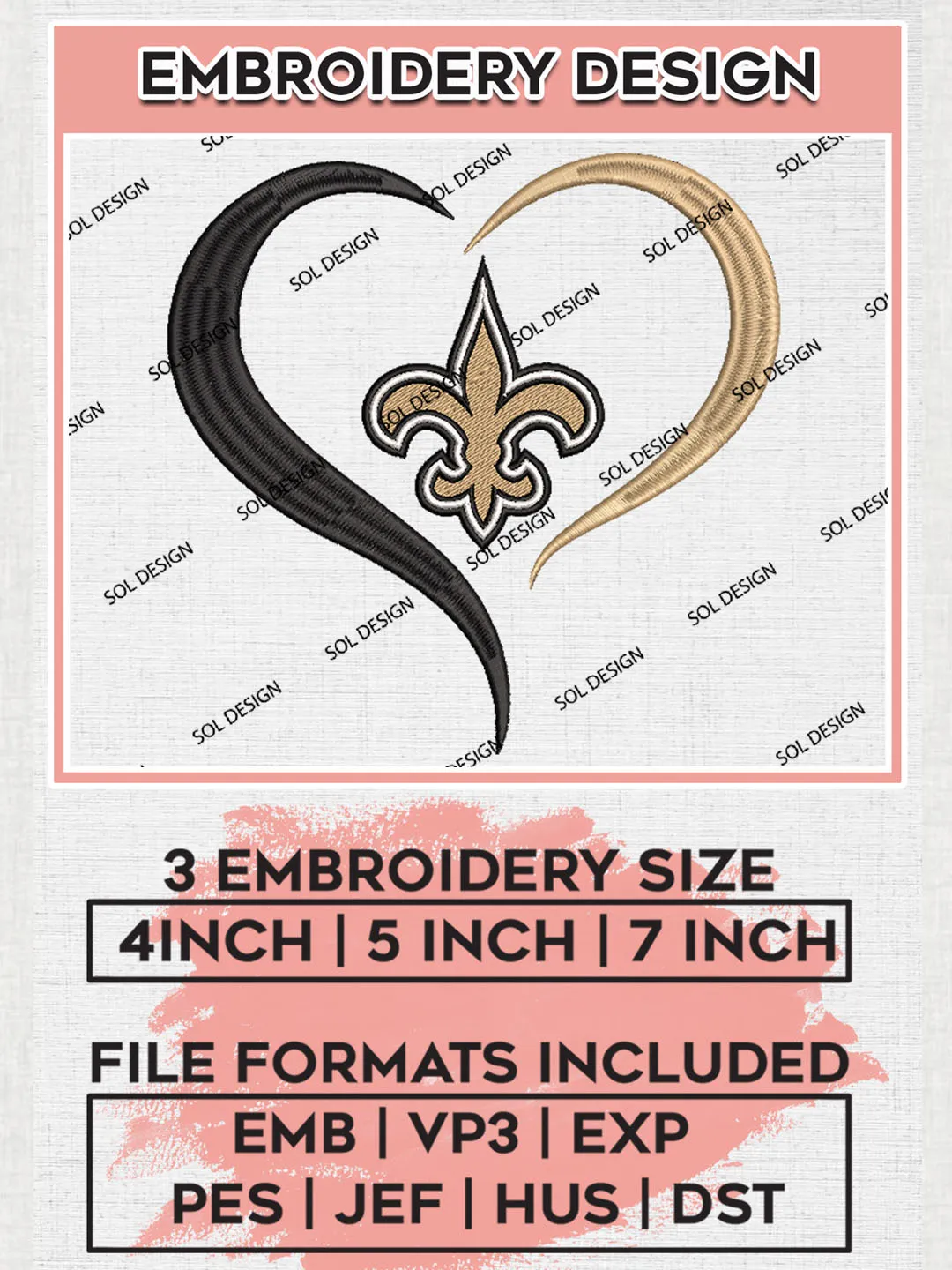 New Orleans Saints Heart Embroidery Designs, NFL Saints, NFL Embroidery Designs, NFL New Orleans Saints Machine Embroidery Design, Digital Download