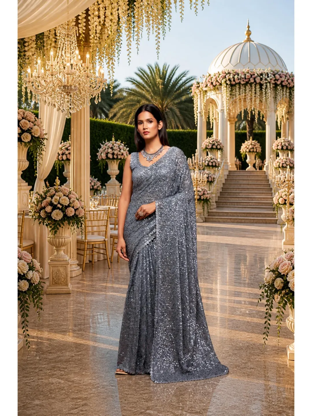 Slate Grey Sequin Ready To Wear Saree: Indian Wedding Party Wear