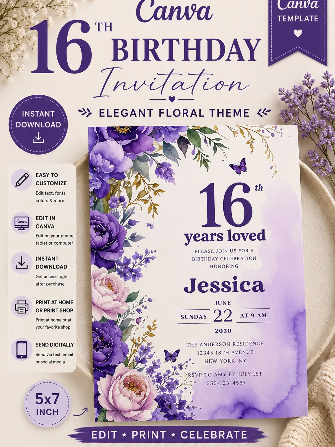 16th Birthday Invitation Canva Template, Purple Floral Butterfly Birthday Invite, Editable 16 Years Loved Party Invitation Digital Download