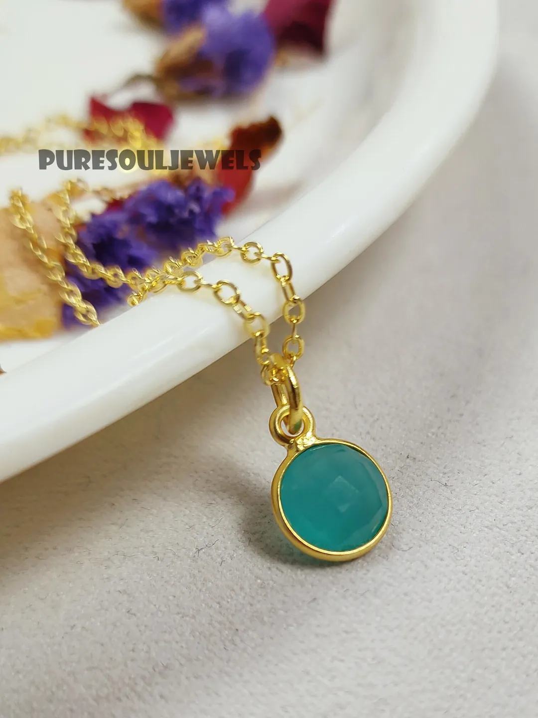 Aqua Blue Chalcedony Necklace - Gemstone Necklace - Round Necklace - Layering Necklace - Handmade Stone - Sea Foam Green Pendant - Gift