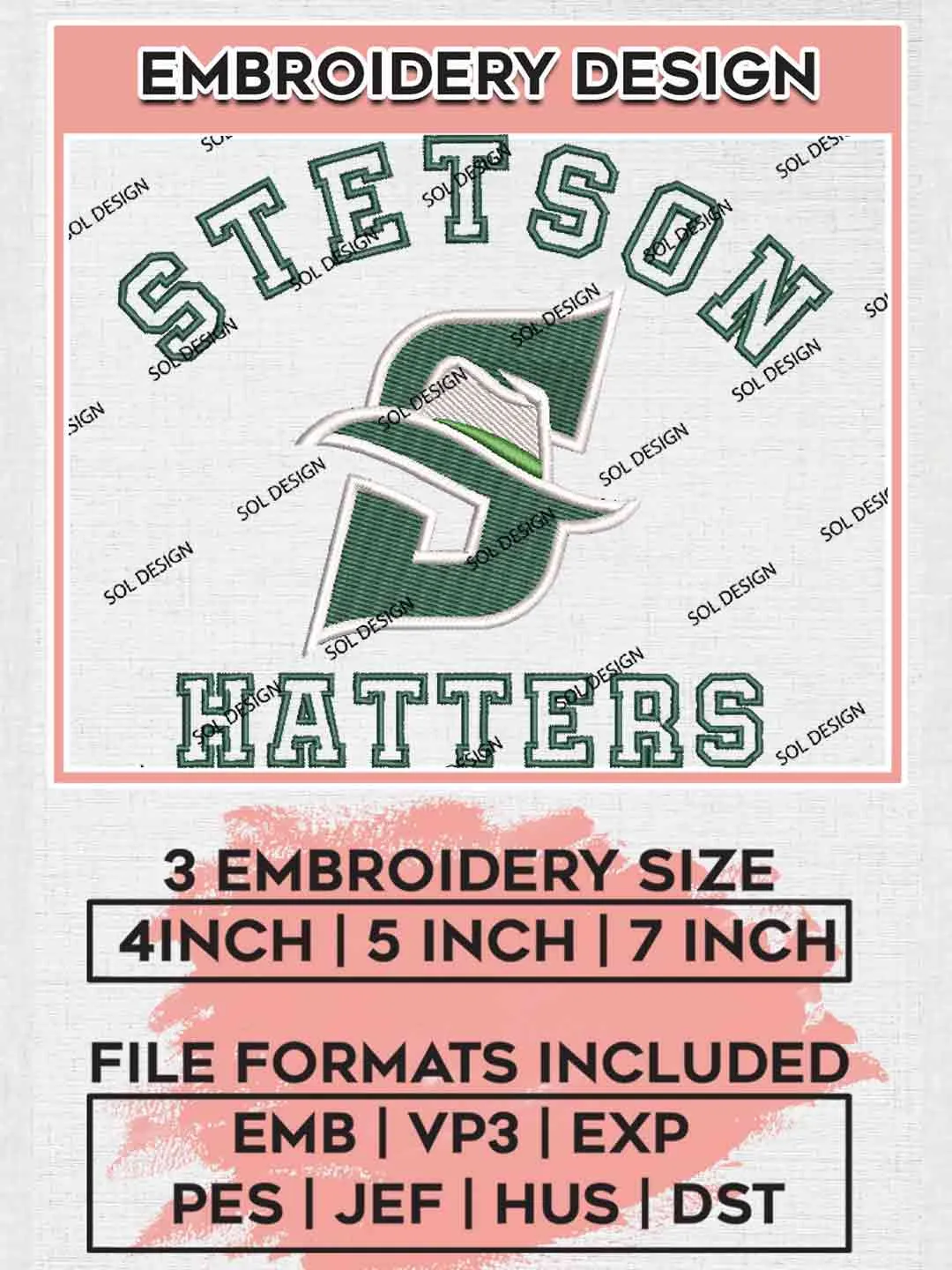Stetson Hatters Logo Embroidery Designs, NCAA Logo Embroidery files, NCAA Stetson Team, Machine embroidery designs, Digital Download