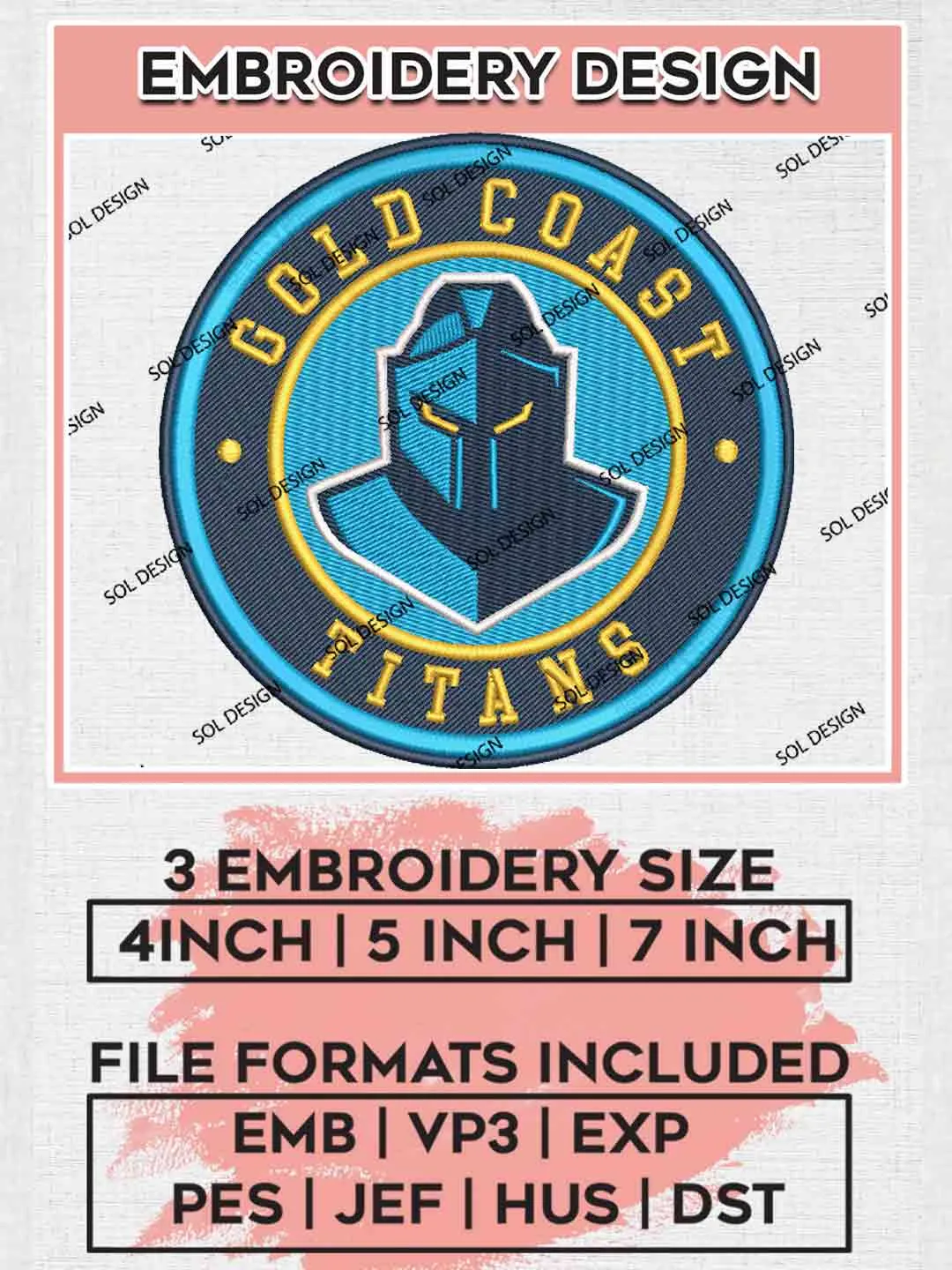 NRL Gold Coast Titans Circle Logo Embroidery Design, National Rugby League Embroidery Design, Gold Coast Titans Logos Embroidery Design,NRL Machine Embroidery Digitized Pes File,3 Sizes, Instant Download