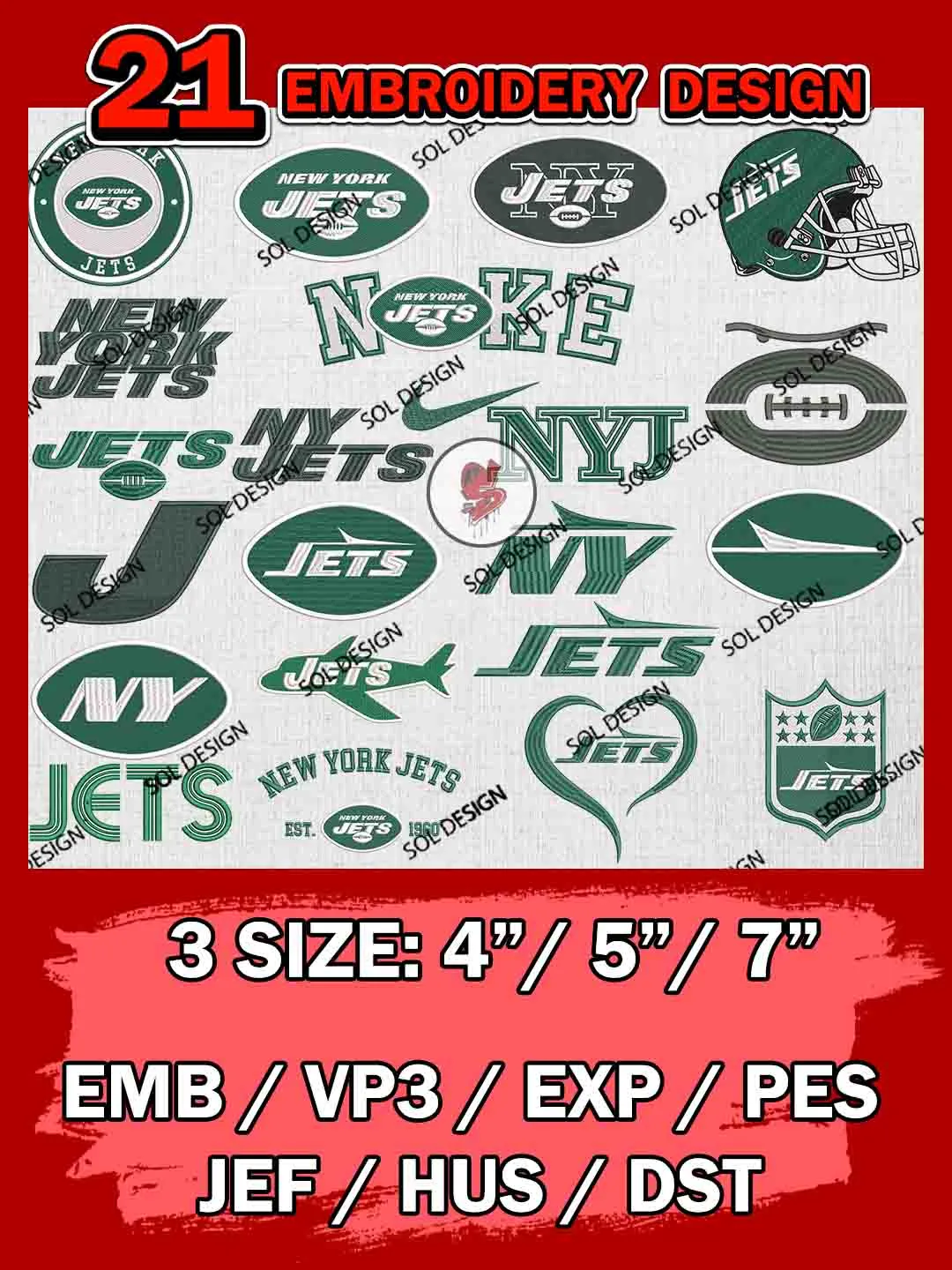 NFL New York Jets Bundle Embroidery Files, NFL New York Jets Team Embroidery, NFL Teams, National Football League 3 sizes, NFL Jets Football Machine embroidery designs, Digital Download