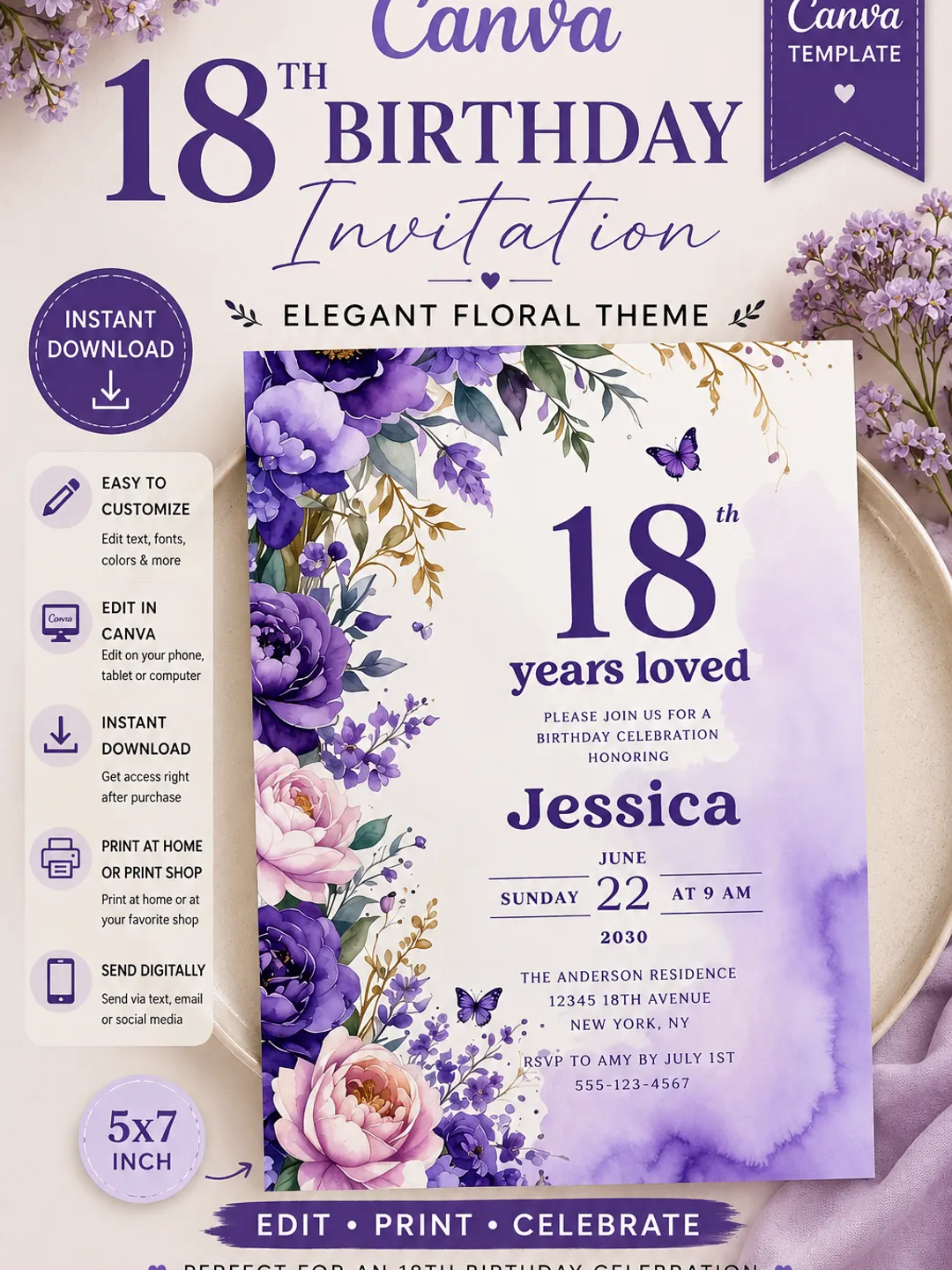 18th Birthday Invitation Canva Template, Purple Floral Butterfly Birthday Invite, Editable 18 Years Loved Party Invitation Digital Download