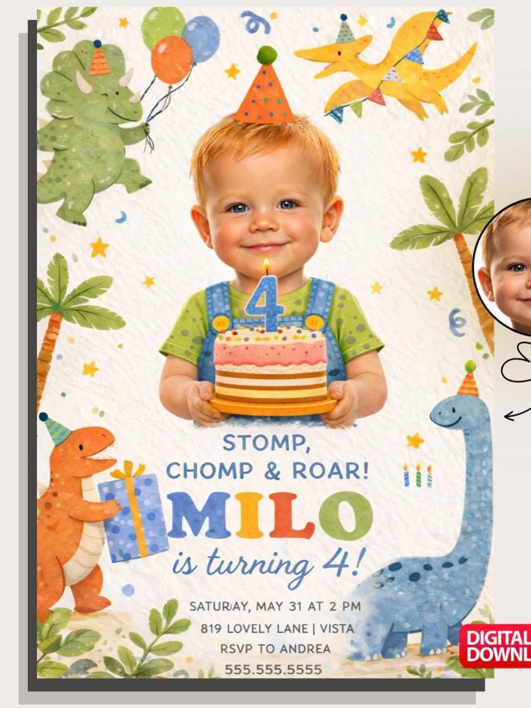 Dinosaur Birthday Invitation, Kids Photo Invite, Custom Dino Party (Digital Download)