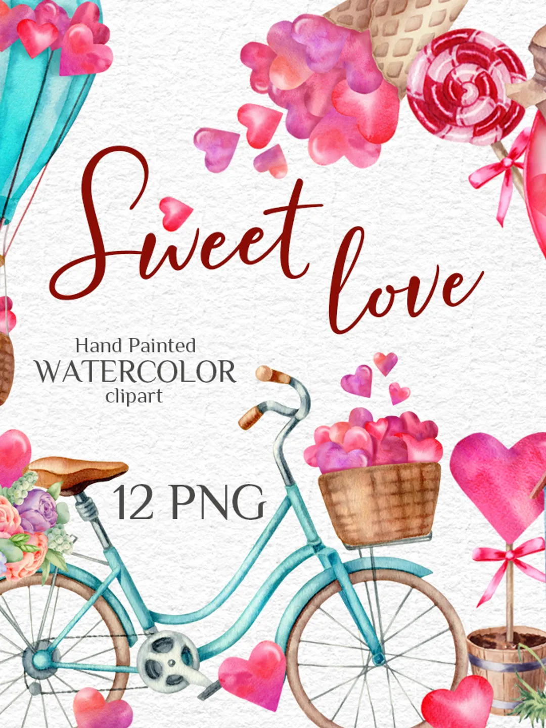 Valentine's decor elements. Watercolor hand-painted (not AI) illustrations. Digital clipart. Sweet love. Hearts, ice cream, lollipop, retro bicycle, hot air balloon. Printable PNG files. Instand download.