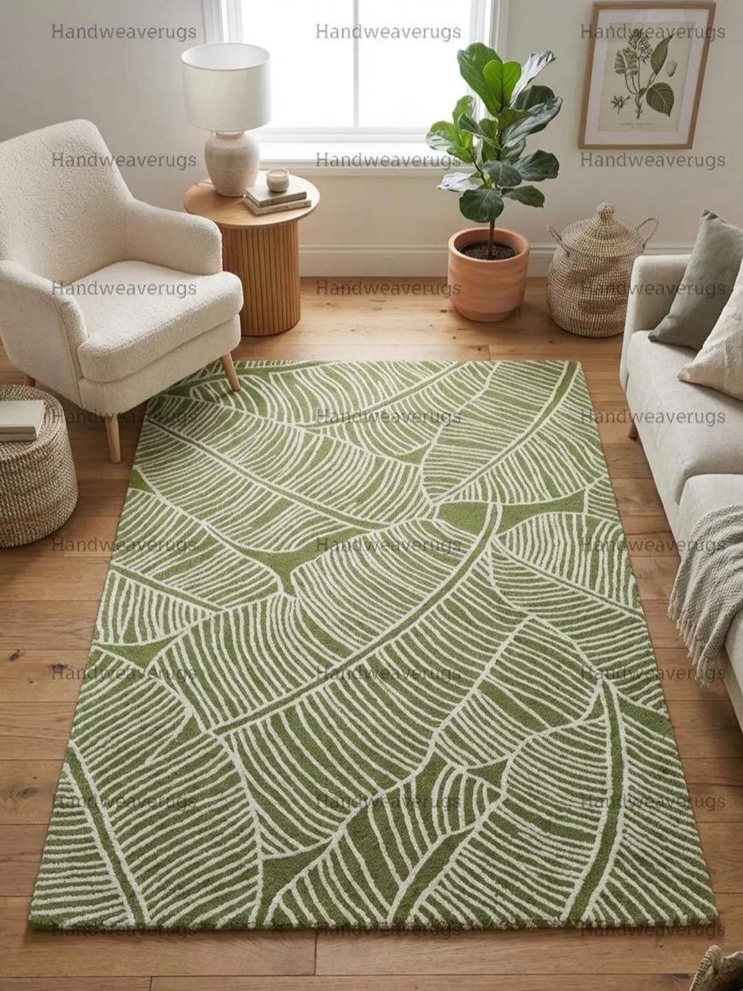 Hand Tufted Wool Area Rug, Tropical Leaf Design, Modern Decor