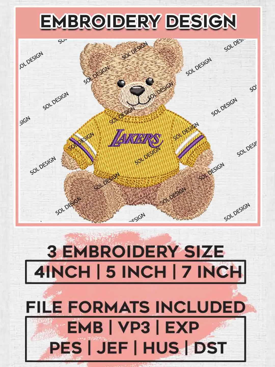 NBA Los Angeles Lakers Teddy Bear Embroidery Designs, Vintage Sports Bear Basketball Embroidery Design File, NBA Lakers Team, Cute Teddy Bear Embroidery, NBA Los Angeles Lakers Embroidery, Digital Download