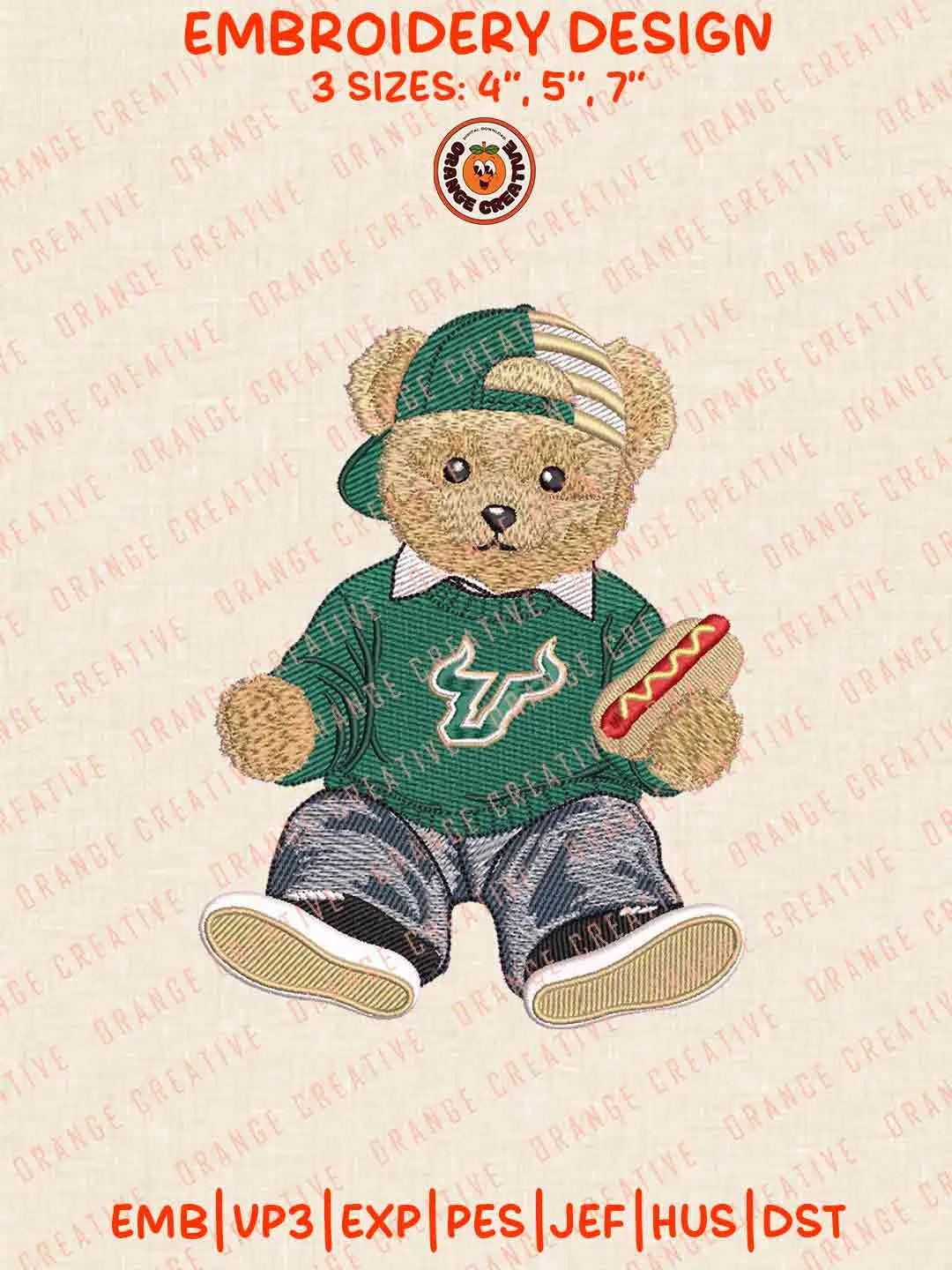 South Florida Bulls Teddy Bear Logo Embroidery Design, NCAA South Florida Bulls Team Machine Embroidery Digitized Pes File, 4 Sizes, Custom Size, Instant Download
