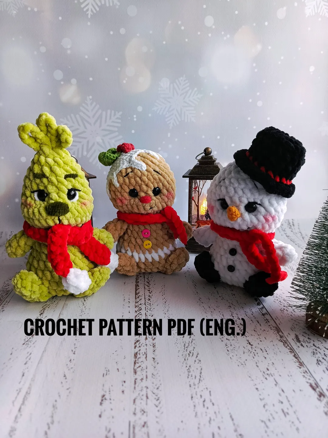 Set of 3 christmas crochet patterns: snowman, grinch, gingerbread,   christmas crochet pattern