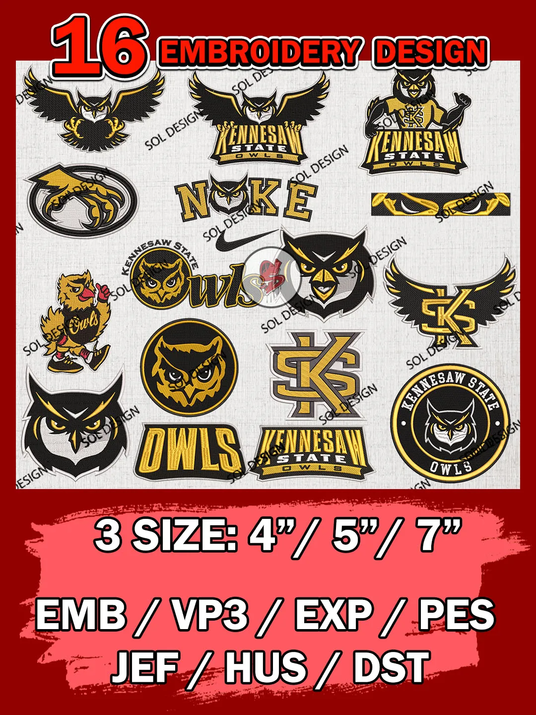 16 NCAA Kennesaw State Owls Bundle Embroidery Files, NCAA Kennesaw State Owls Team Bundle Embroidery Designs, NCAA Teams, National College Football Team 3 sizes, NCAA Kennesaw State Machine Embroidery, Digital Download