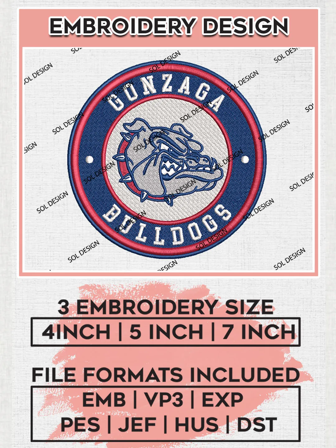 NCAA Gonzaga Bulldogs Round Logo Embroidery, NCAA Gonzaga Bulldogs Embroidery Design files, NCAA Teams, NCAA Machine embroidery designs, Digital Download