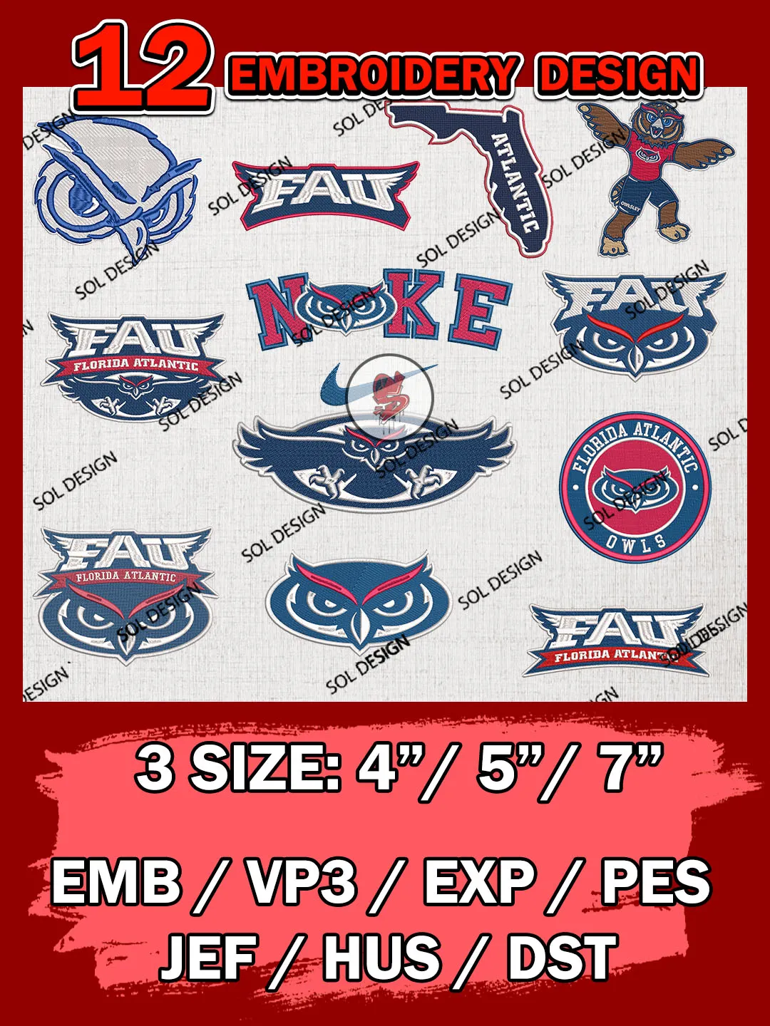 12 NCAA Florida Atlantic Owls Bundle Embroidery Files, NCAA Florida Atlantic Owls Team Bundle Embroidery Designs, NCAA Teams, National College Football Team 3 sizes, NCAA Florida Atlantic Machine Embroidery, Digital Download