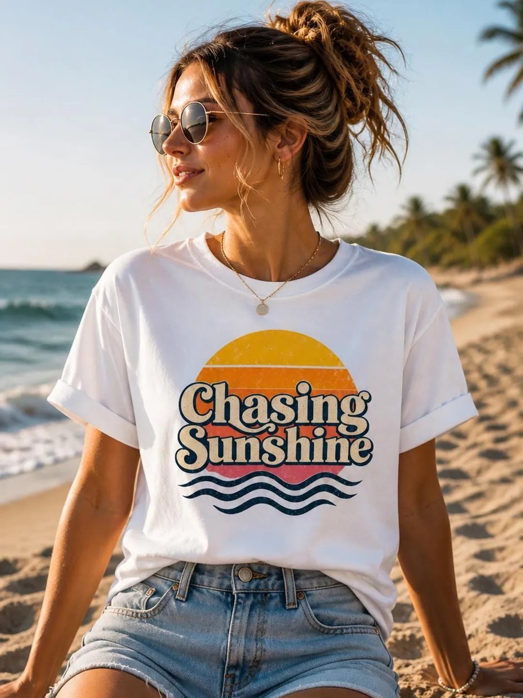 Retro Summer T-Shirt, Chasing Sunshine, Vintage Sunset Beach Tee