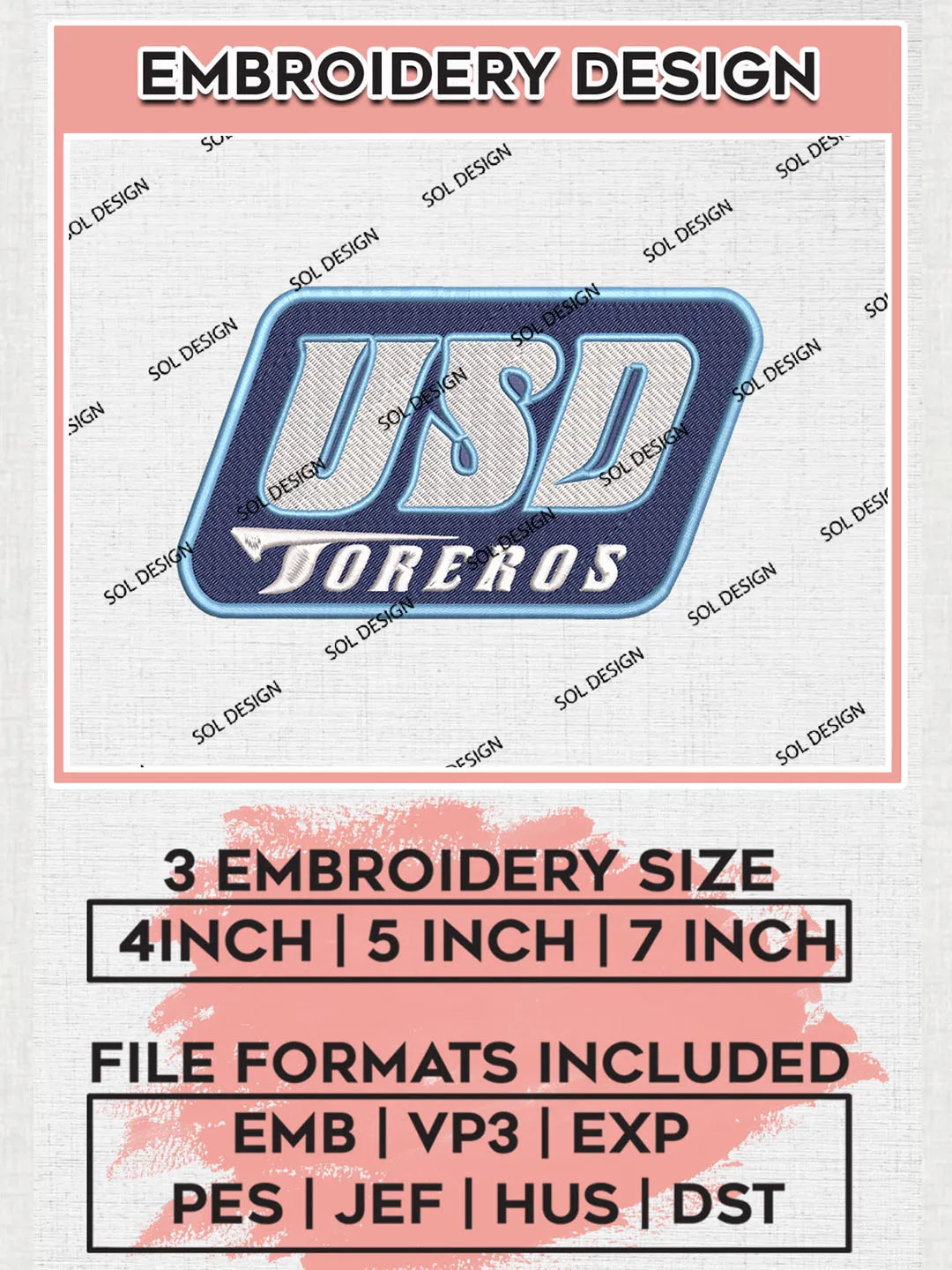 NCAA USD Toreros Team Logo embroidery designs, NCAA San Diego Toreros Logo Machine embroidery designs, NCAA Logo embroidery designs, NCAA Lopes Machine embroidery designs, Digital Download