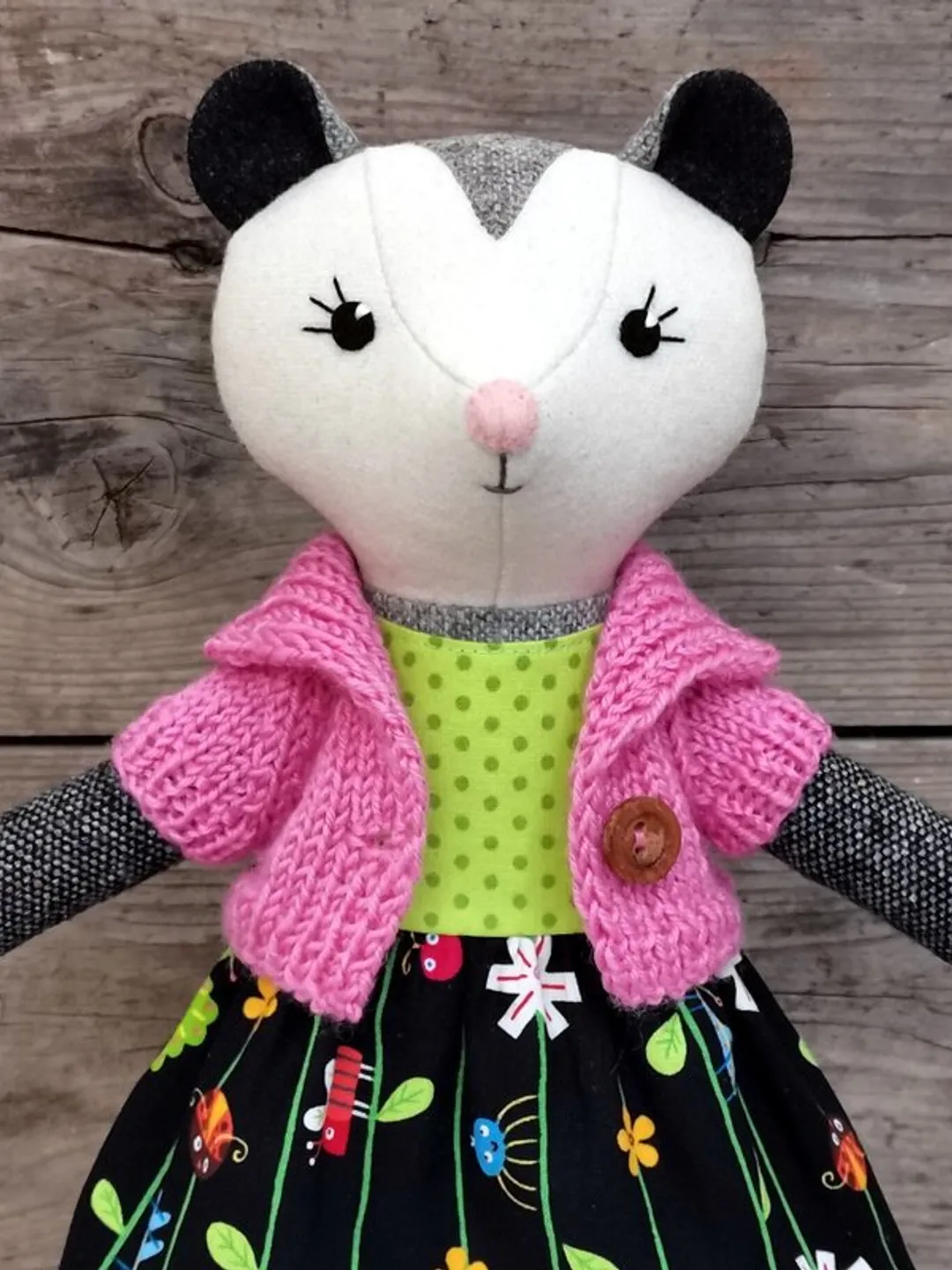 Gray possum girl, plush animal doll, wool stuffed opossum toy