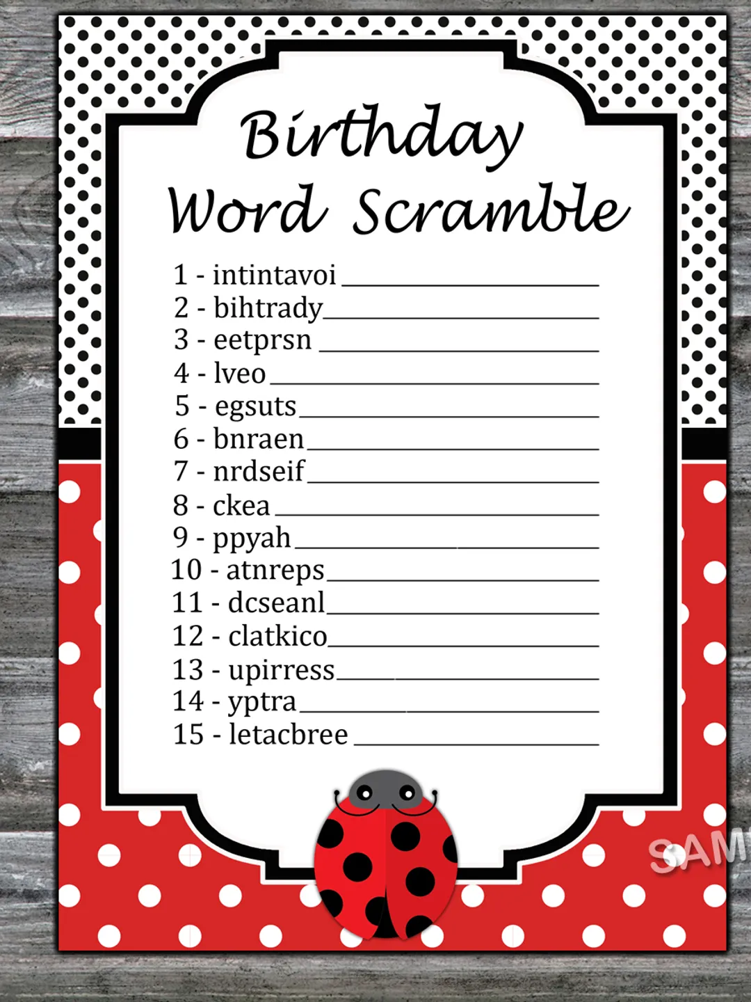 Ladybug Birthday Word Scramble Game,Adult Birthday party game-fun games for her-Instant download