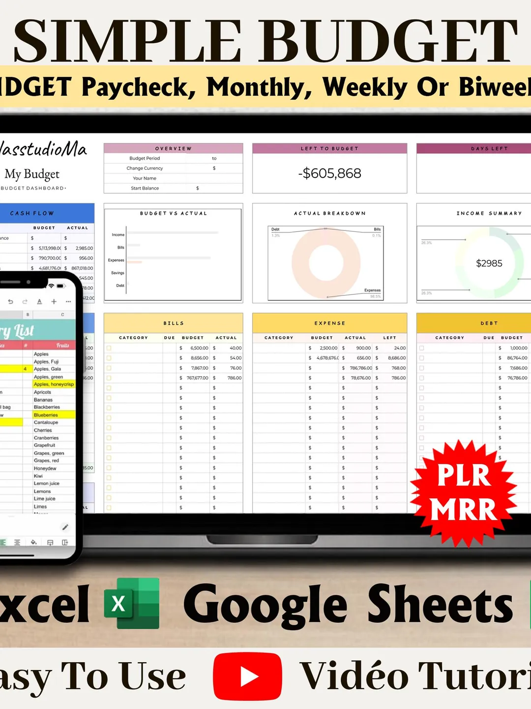 Simple Budget PLR Planner Google Sheets & Excel ,MRR Rights, Digital ...