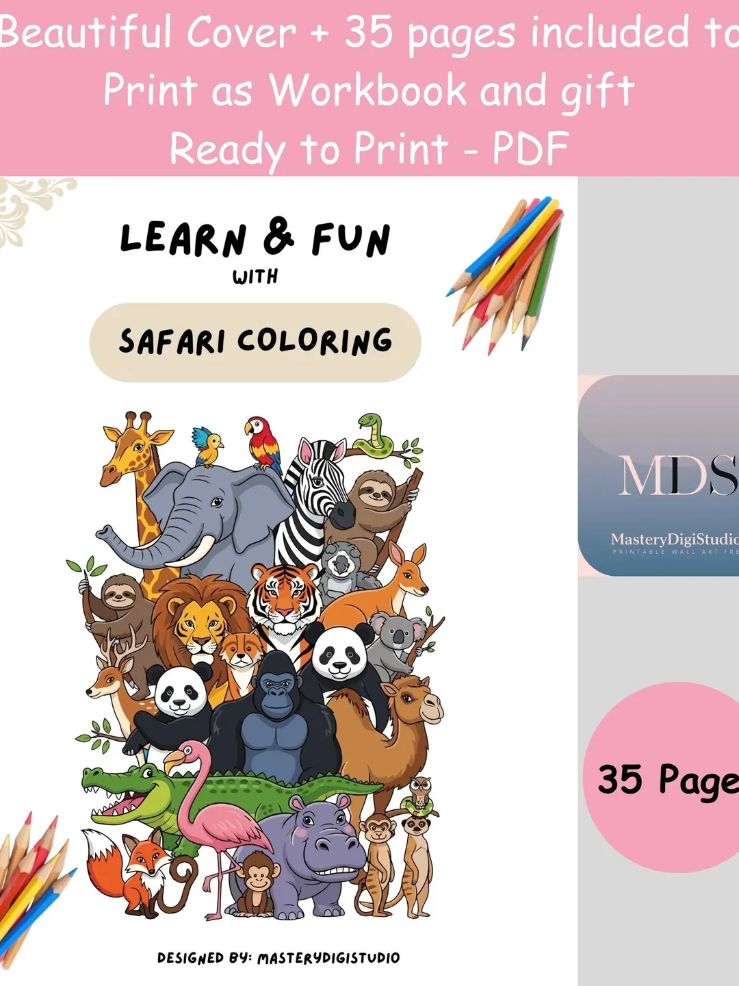 Safari Animal Coloring book for Kids, Easy Toddler Activity Pages ...