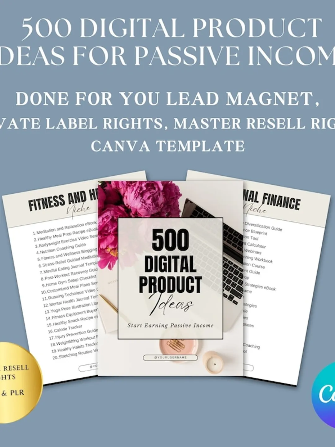 500 Passive Income Digital Product Ideas: MRR PLR Canva Templates