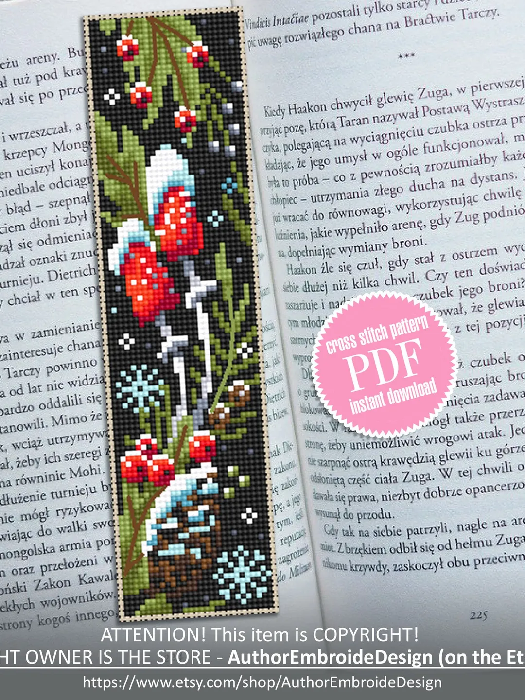 Christmas mushroom bookmark cross stitch pattern PDF download Magic mushroom cross stitch chart Christmas bookmark pattern digital PDF #B203