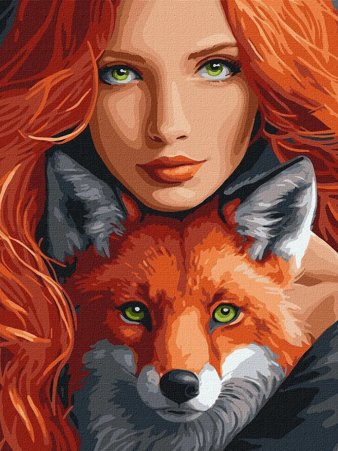 Fiery fox,red-haired girl with green eyes,friends,fox picture,red fox,paint by numbers,femme,fox painting,made in Ukraine as a gift