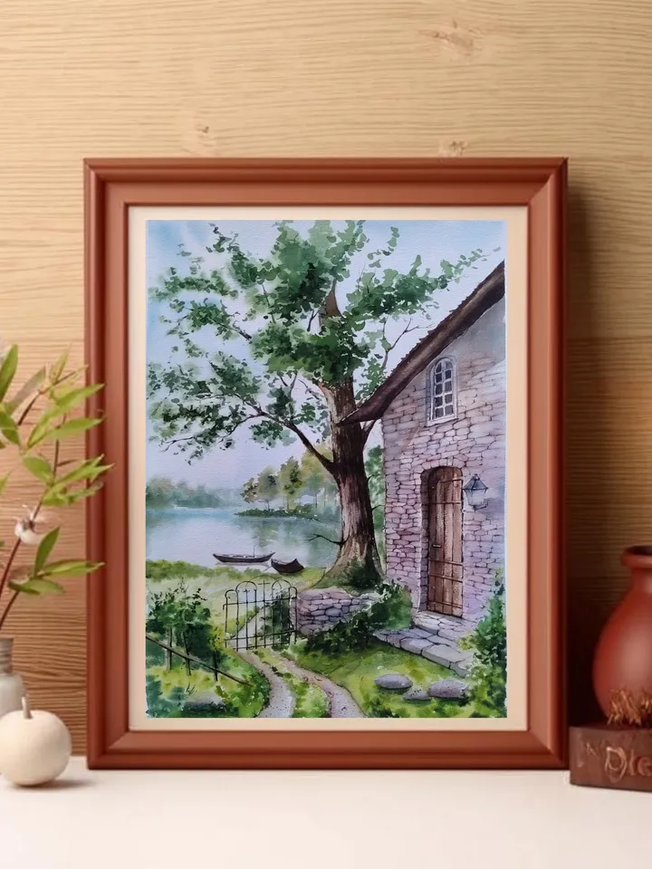 Original Watercolor Painting Landscape Art House by Lake Artwork 30x40 cm by SoftWaves