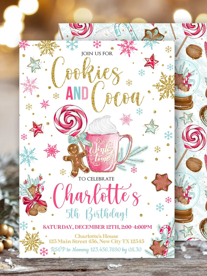 Cookies and Cocoa Birthday Invitation Girl Winter Time Birthday Invitation, Gingerbread Invitation, Editable Template