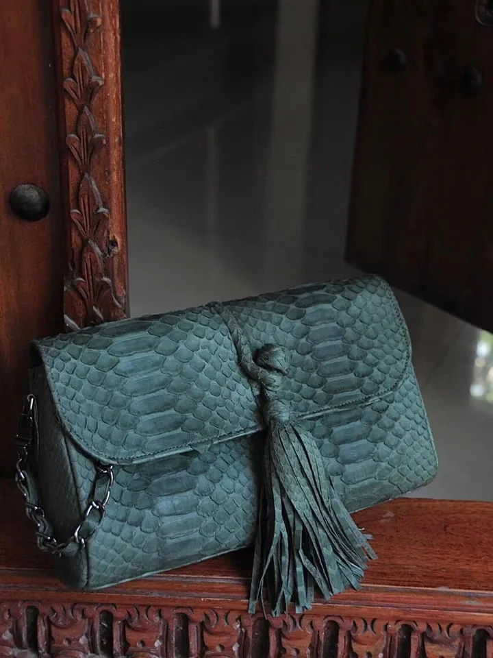 Genuine Python Skin Clutch with tassel |women purse | exotic leather bags | dark green evening clutch | designer crossbody bag handmade