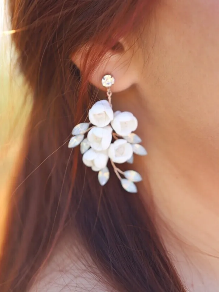 Opal Bridal Earrings, Delicate Porcelain Flower Wedding Earrings, Boho Wedding Earrings, Floral Wedding Earrings