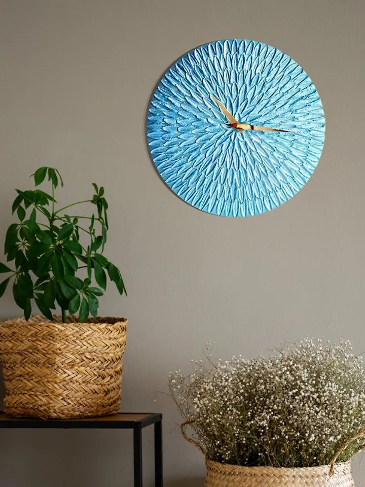 Metallic blue teal wall clock Modern art clock Handmade wall clock Silent clock