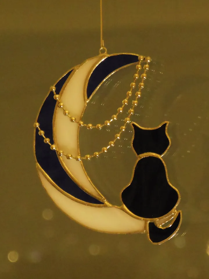 Black Cat On Moon with Chains . Art stained glass hanging Suncatcher . Gift for animal lover , pet loss memorial White , blue and black