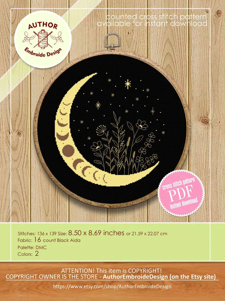 Mystical floral moon cross stitch pattern download PDF Moon phase cross stitch chart, Wildflowers blackwork pattern, Magic starry sky #L60