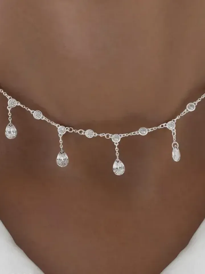Women's silver 925 chain with cubic zirconia, silver necklace with drop pendants