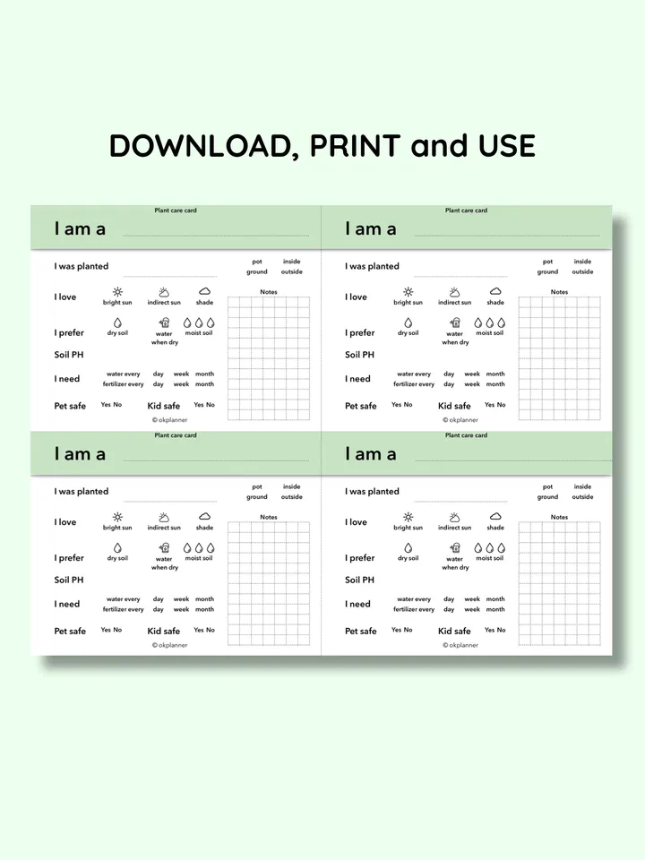 Printable Plant Care Card – Track Watering, Sunlight & Soil for Healthy Plants! Garden care printable. Houseplant care cards. Plant maintenance log. Gardener’s & Plant Lover’s gift. Printable plant tracker. Garden organization tool. Flower care tracker.
