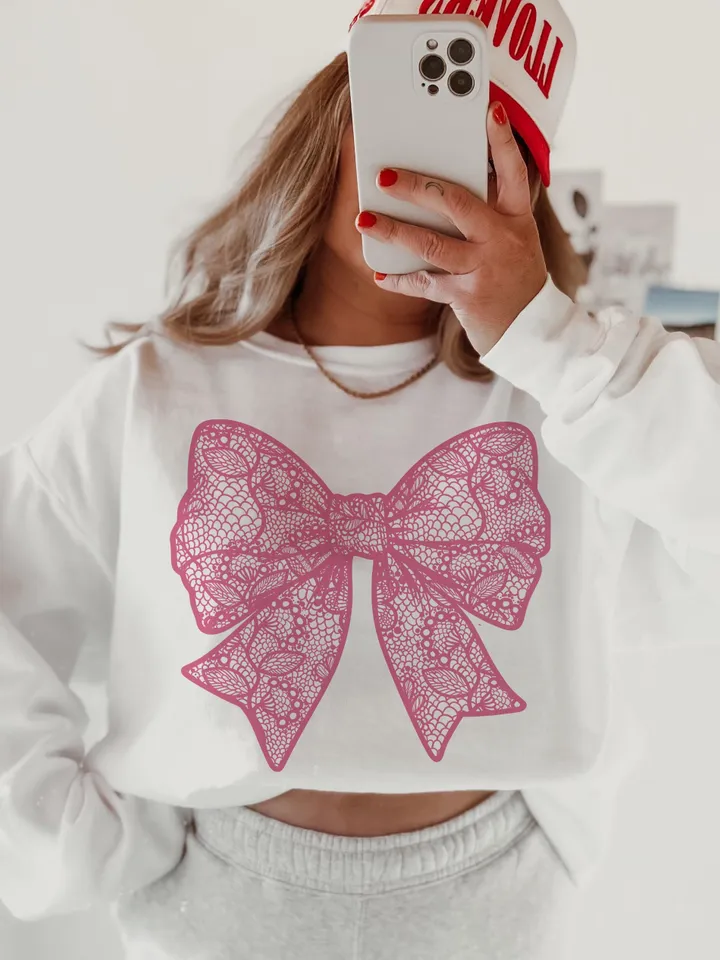 Coquette White Lace Bow PNG Coquette Bow Shirt Design Faux Embroidery Girly Valentines Day PNG Easter PNG Spring Png Mothers Day Girly Png