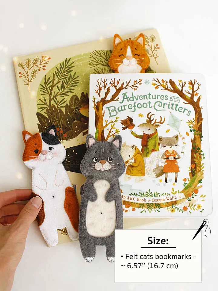 Felt long cats bookmarks hand sewing PDF tutorial with patterns. DIY cat bookmarks. Book and pets lover gift. Felt school supplies
